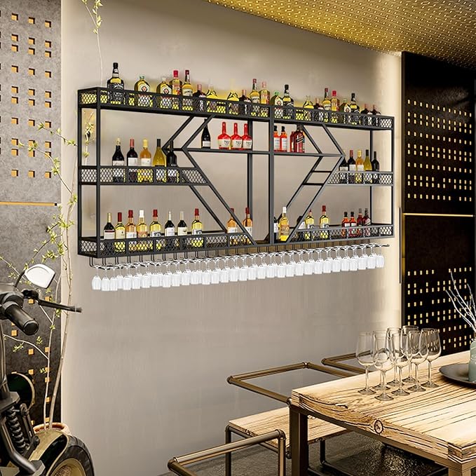 Metal Wine Rack Wall Mounted, Modern Wine Storage Rack Wall Mounted with Wine Glass Holder, Liquor Shelf, Bar Shelves for Liquor Bottles (3TIERS Gold, 78.7 * 7.87 * 33.85INCH)