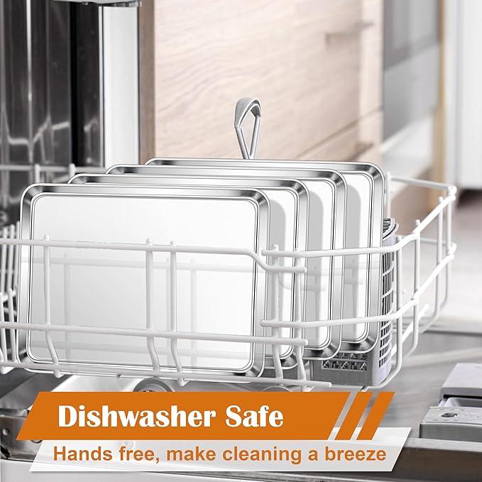 E-far Small Baking Sheet Set of 4, 10.5”x8.3” Stainless Steel Cookie Sheets Pans, Compact Non-toxic Metal Toaster Oven Trays for Cake, Healthy & Rust Free, Mirror Finish & Dishwasher Safe