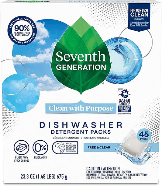 Seventh Generation Dishwasher Detergent Packs Free & Clear for sparkling dishes Dishwasher tabs 45 count