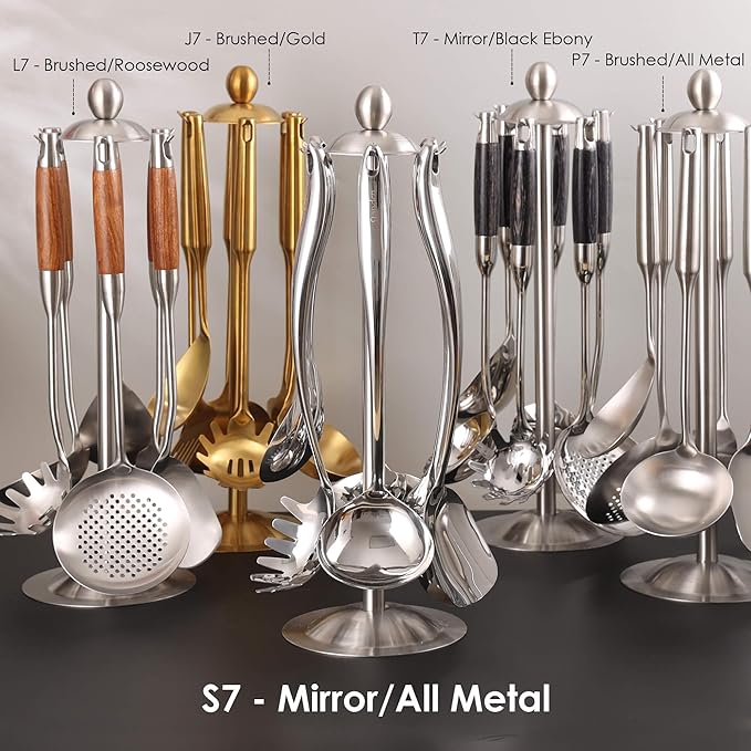 18/10 Stainless Steel Cooking Utensils Set with Holder, 7-Pieces All Metal Kitchen Utensils, 15’’ Long Kitchen Tools with Countertop Rotating Stand, Spatula, Ladle, Skimmer, Tunner, Pasta, Large Spoon