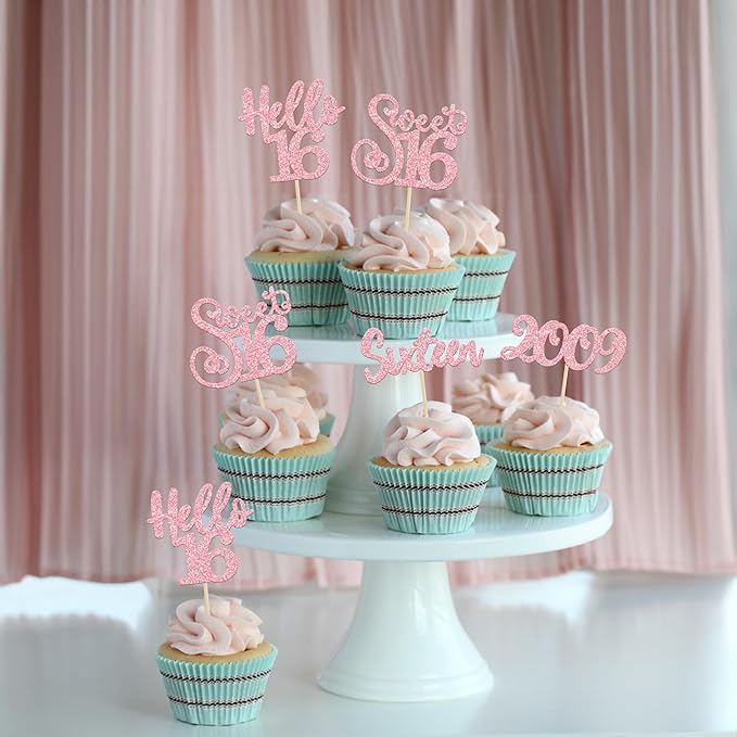 Gyufise 24Pcs Happy 16th Birthday Cupcake Toppers Glitter Hello 16 Sweet 16 Sixteen Years Old Cupcake Picks for Celebrating 16th Birthday Anniversary Party Cake Decorations Supplies Pink