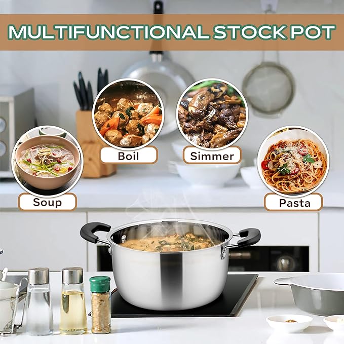 LIANYU 6QT Stock Pot with Lid, Stainless Steel Soup Pasta Pot for Home Kitchen Restaurant, Stockpot for Strew Simmer Boiling, Heat-proof Handle, Dishwasher Safe