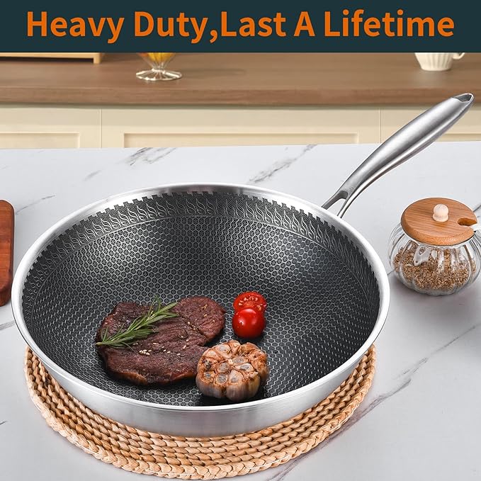 DELARLO Tri-Ply Stainless Steel Wok Pan With Lid 13 Inch, Oven Safe Up to 600℉,Woks & Stir-Fry Pans Nonstick Wok, Deep Frying Pan Efficent Fast Even Heating