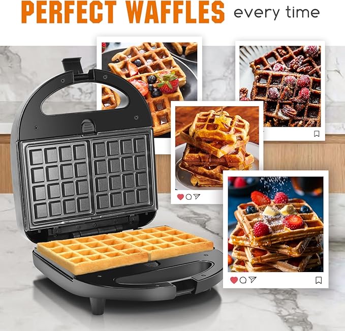Aigostar Sandwich Maker Panini Press Grill, 3 in 1 Waffle Maker with Removable Non-stick Plates, Electric Grilled Cheese Maker, Portable Cool Touch Handle, Led Indicator Lights & Easy to Clean, 750W