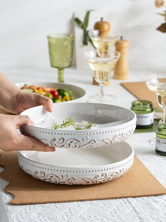 YHOSSEUN 9.75" Large Pasta Bowls, 50 OZ Salad Bowl Ceramic Serving Bowls Set of 4, Wide and Shallow Kitchen Bowl Plates Pasta Plates, Antique Morning Glory