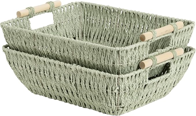 StorageWorks Extra Large Wicker Storage Basket for Organizing with Wooden Handles, Toilet Paper Baskets for Bathroom, Bosana Green, 2-Pack
