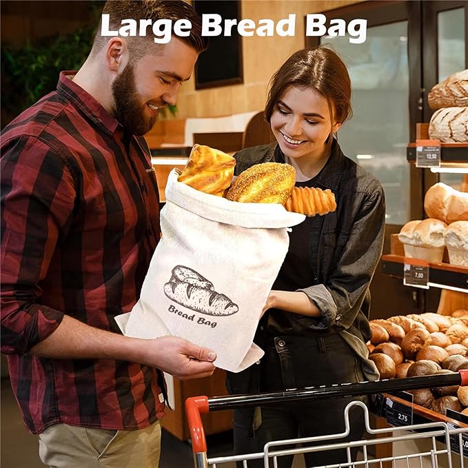 Bread Bag with Inside Lining, 2 Pack Reusable Linen Bread Storage Bags, 11.75" x 11.5" Homemade Bun Container, Double Drawstring Closure for Fruit and Baguette, Artisan Bread Storage