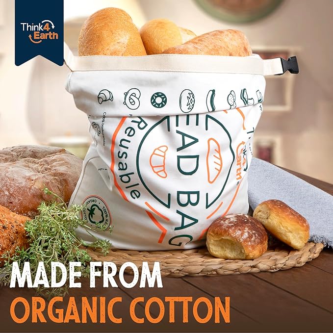 Think4Earth® – Cotton Linen Bread Bag Organic - Reusable Bags for Homemade Loaf Gift Giving - Bread Container for Large Sourdough Loafs – Countertop Cloth Storage and Transport Solution.