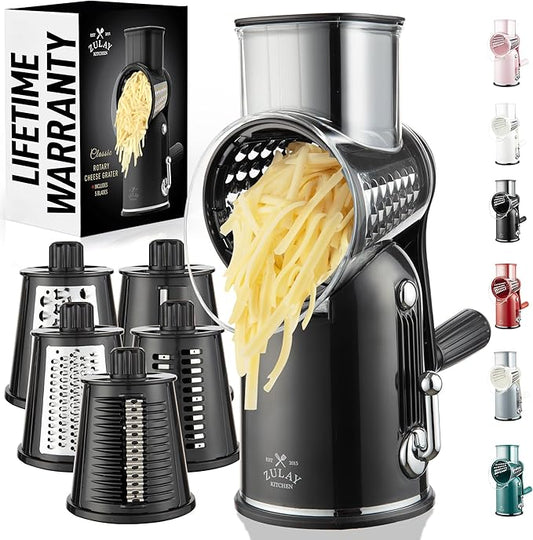 Zulay Kitchen Rotary Cheese Grater 5 Blade Cheese Shredder - Manual Hand Crank Cheese Grater With Reinforced Suction & 5 Interchangeable Drums - Easy to Use, Vegetable Chopper Round Mandoline Slicer