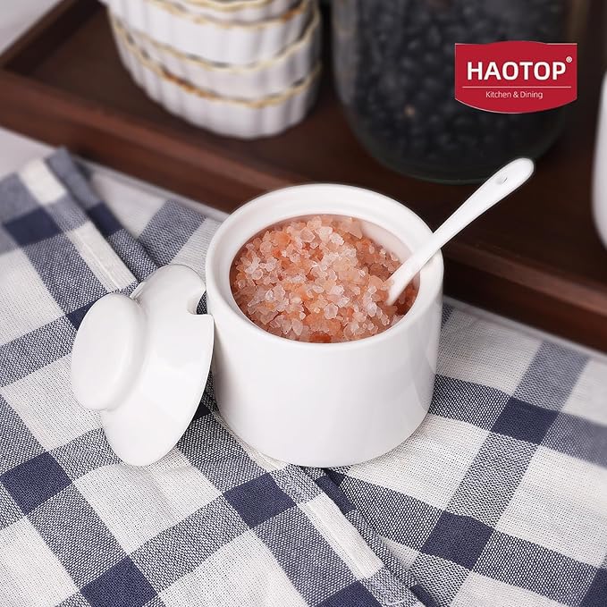 HAOTOP 8 oz Sugar Bowl with Lid and Spoon,Ceramic Sugar Jar Sugar Dispenser Sugar Container Coffee Bar Accessories, Kitchen Countertop Canisters (White)
