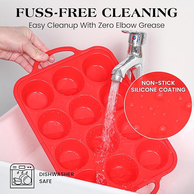 8 Pcs Silicone Muffin Pan Set, 12 Cup Regular & 24 Cup Mini Nonstick Muffin Tray with 6 Pcs Utensils, Silicone Muffin Pan for Baking with Metal Reinforced Frame, BPA Free (Red)