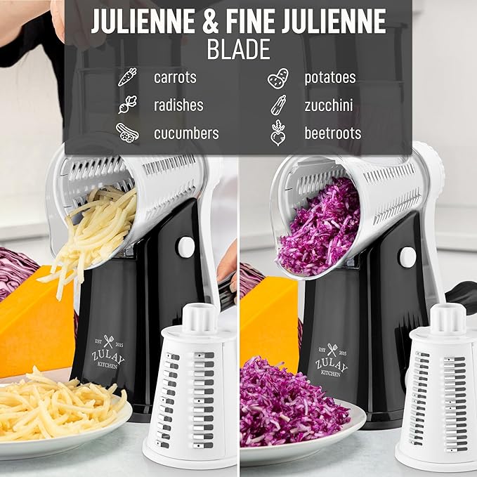 Zulay Kitchen Rotary Cheese Grater 5 Blade Cheese Shredder - Manual Hand Crank Cheese Grater With Reinforced Suction & 5 Interchangeable Drums - Easy to Use, Vegetable Chopper Round Mandoline Slicer