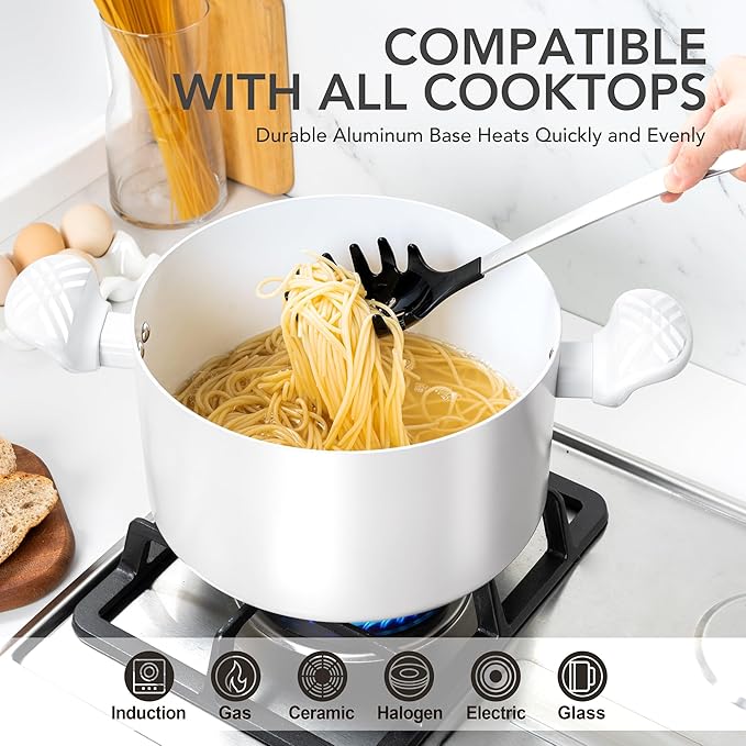 MICHELANGELO Stock Pot with Lid, 6 Quart Soup Pot with Lid, Nonstick Ceramic Cooking Pot with Stay-Cool Handle, Induction Compatible - 6QT, White