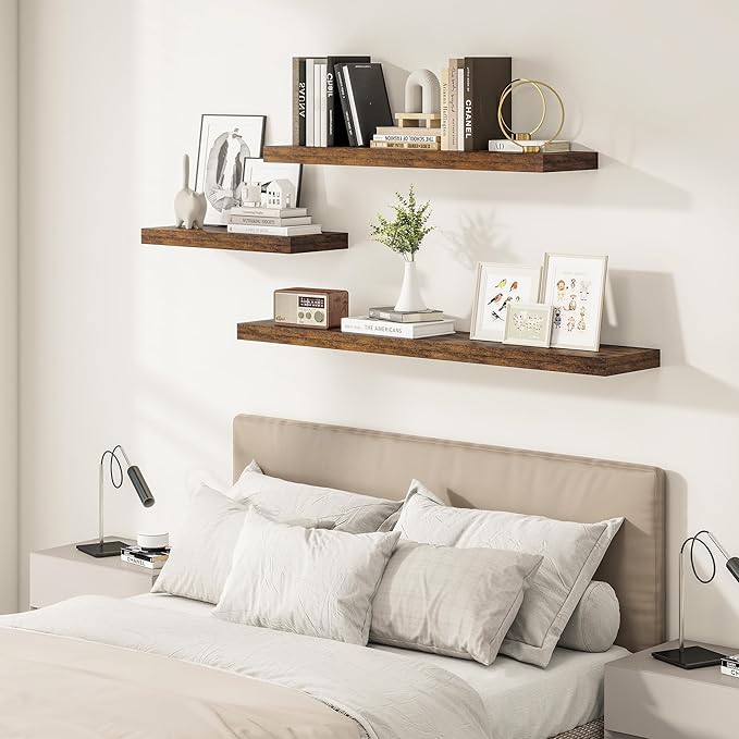 12" Deep Floating Shelves for Wall 36 Inches Long, Heavy Duty Wall Shelves for Bedroom Bathroom Kitchen Laundry Room, Farmhouse Rustic Shelves for Home Decor, 36" X 12" X 2" Set Of 2, Rustic Brown