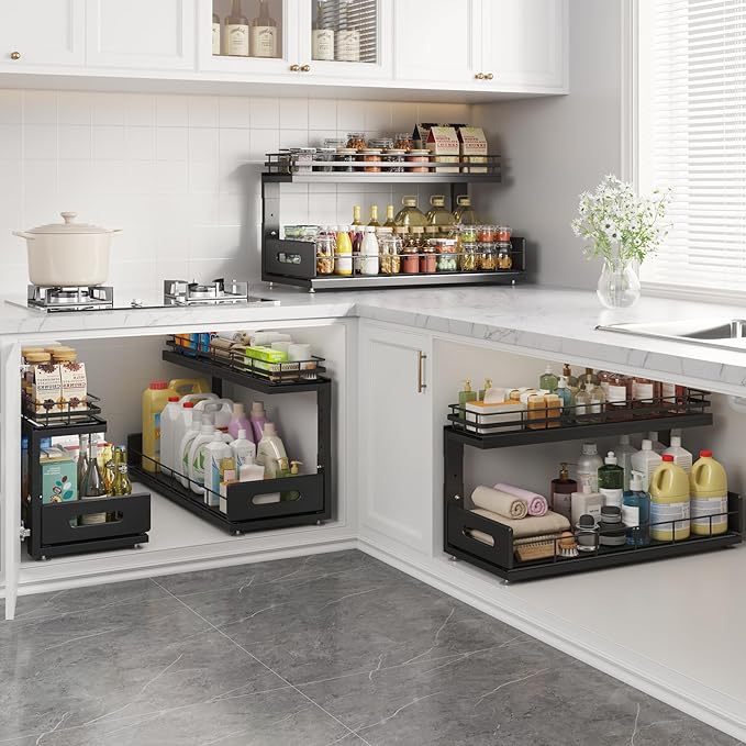 2 Pack 21 IN Depth Pull Out Cabinet Storage With Smooth Rails,2-Tier Dual Pull Out Cabinet Storage For Bathroom Kitchen,Under Sink Shelf-Black