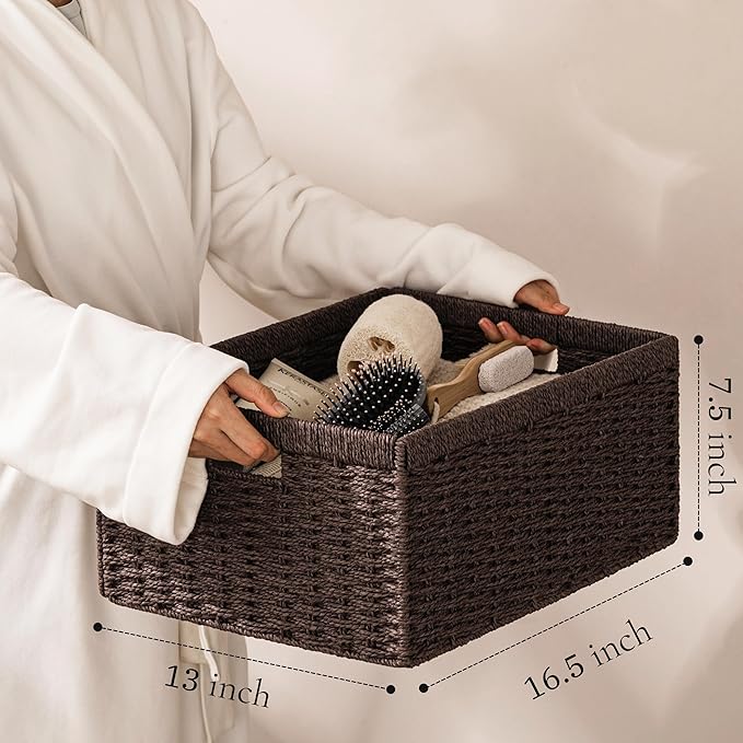 UBBCARE 2 Pack Wicker Basket, 16.5L×13H×7.5W inch Woven Paper Rope Storage Baskets for shelves, Foldable Rectangular Storage Baskets with Handle, Storage Basket for Organizing, Dark Brown