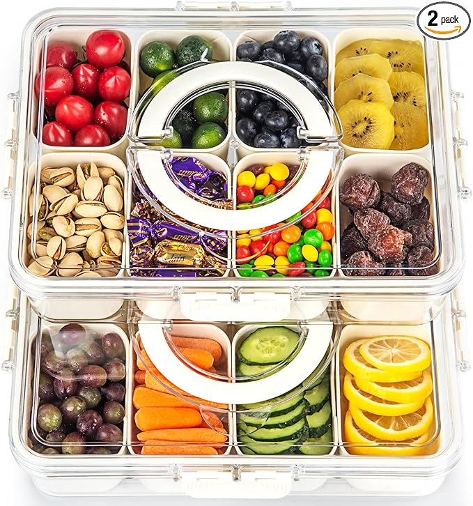 Divided Serving Tray with Lid and Handle,Portable Snack Box Container Snack,Veggie Tray Charcuterie Boxes Fruit Tray Candy Organizer for Entertaining,Party,Picnic,2Pack