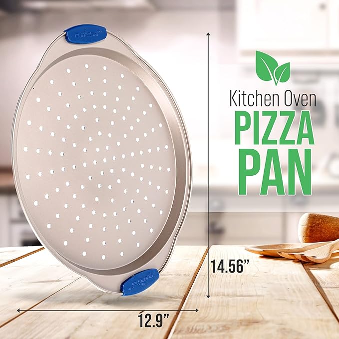 NutriChef 13-Inch Non-Stick Pizza Tray - with Silicone Handle, Round Steel Non-stick Pan with Perforated Holes, Premium Bakeware, Pizza Tray with Extended Handles, Dishwasher Safe - Champagne Gold
