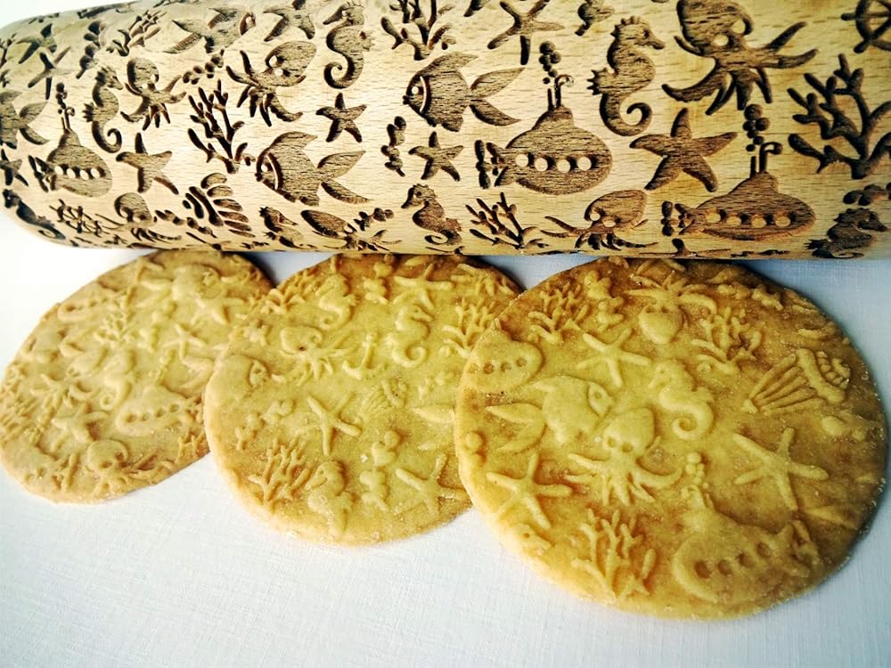 DEEP OCEAN EMBOSSING ROLLING PIN LASER ENGRAVED WITH DEEP OCEAN SYMBOLS GIFT FOR FRIEND