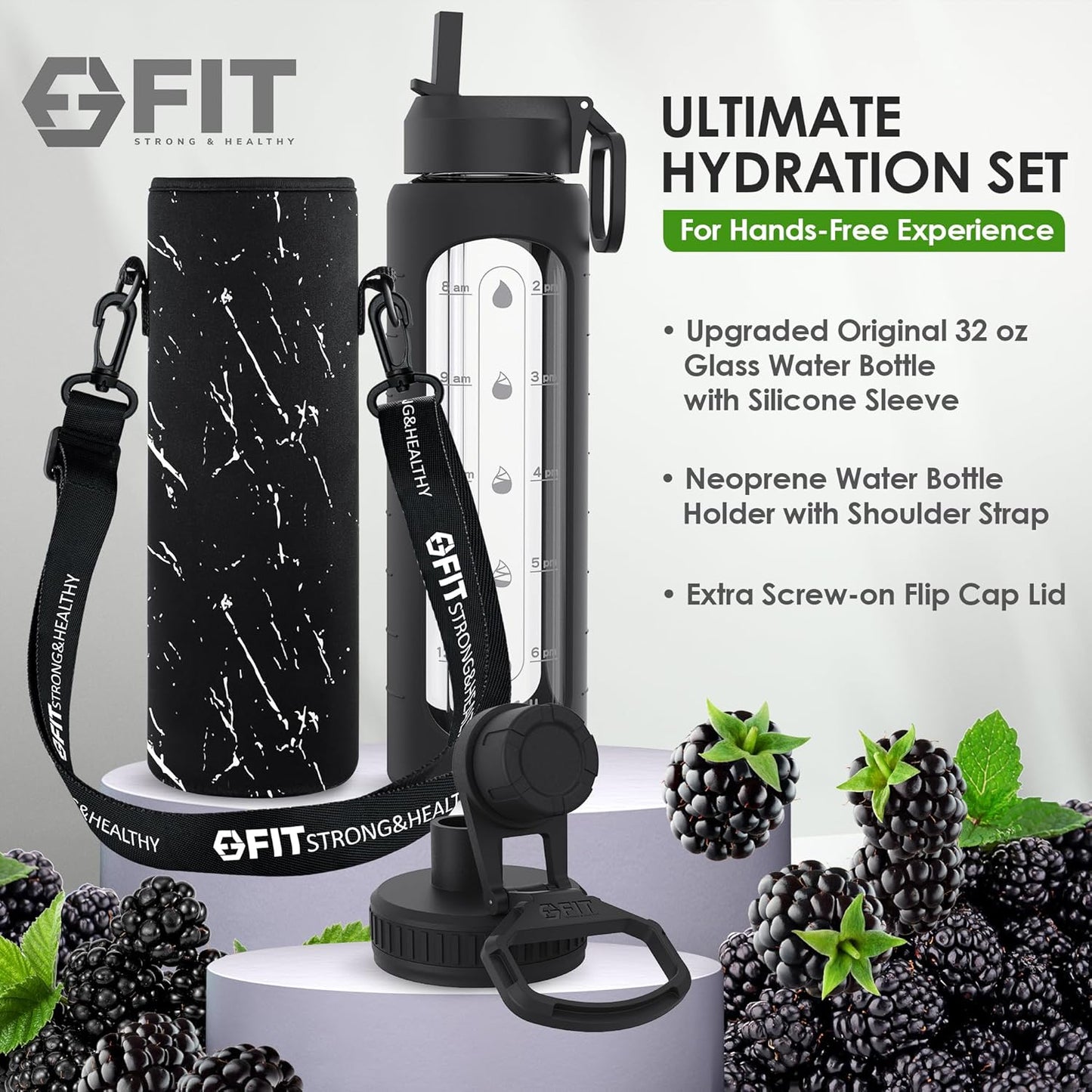 FIT Strong & Healthy 32 oz Glass Water Bottle with Straw Lid, Time Marker, Sleeve & Extra Lid - Motivational, Wide Mouth 1 Liter Glass Drinking Bottle