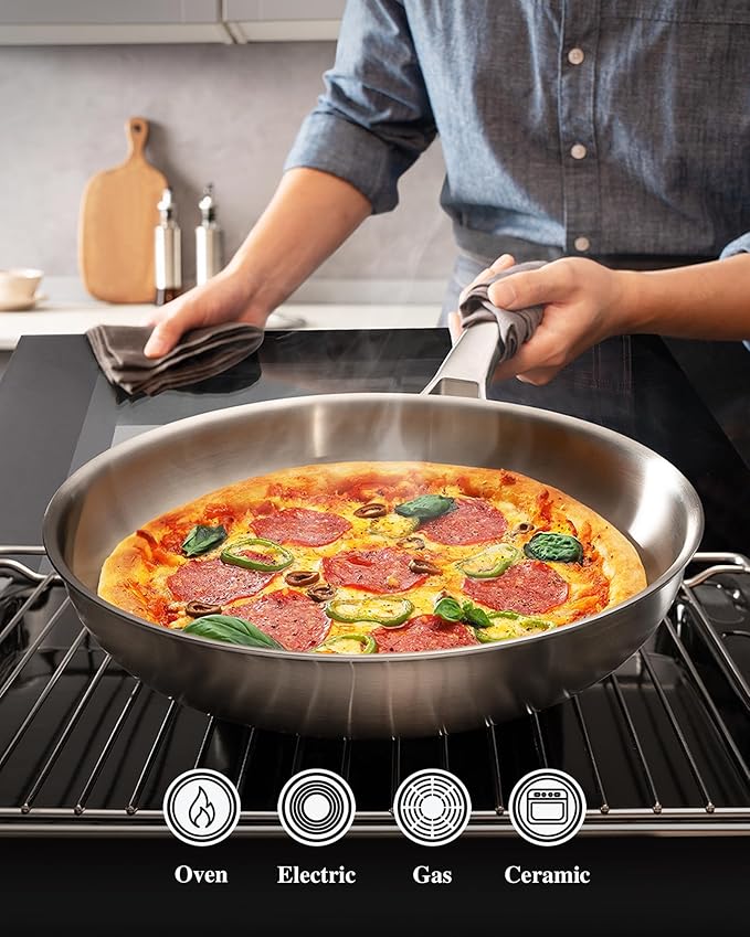 Tri-Ply Stainless Steel Frying Pans Set with Lid,PFOA&PTFE Free Skillets,Chef's Pan Set(8+10+12inch) Frying Pans for cooking,Induction Cookware Sets,Dishwasher and Oven Safe Kitchen set