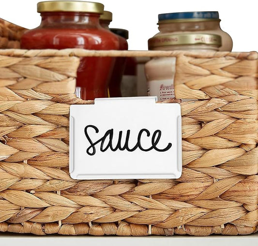 Basket Labels Clip on | Label Holders for Basket or Storage Bins Includes White Chalk Markers (8 White Holders + 2 Black Chalk Makers)