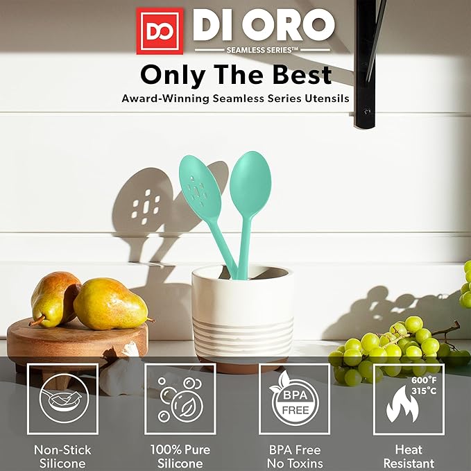 DI ORO Silicone Spoons for Cooking - Large Kitchen Spoons for Mixing, Serving, & Stirring - 600°F Heat-Resistant Non Stick Utensils – Big Solid & Slotted Basting Spoons - Dishwasher Safe (2pc, Mint)