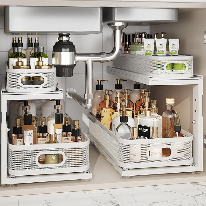 2 Pack 21IN-Depth Under Sink Organizer With Next-Gen Ball-Bearing Slides,2-Tier Precision Mesh Pull Out Cabinet Storage for Bathroom&Kitchen,Height Adjustable Drawers Shelf,Anti-rust-White