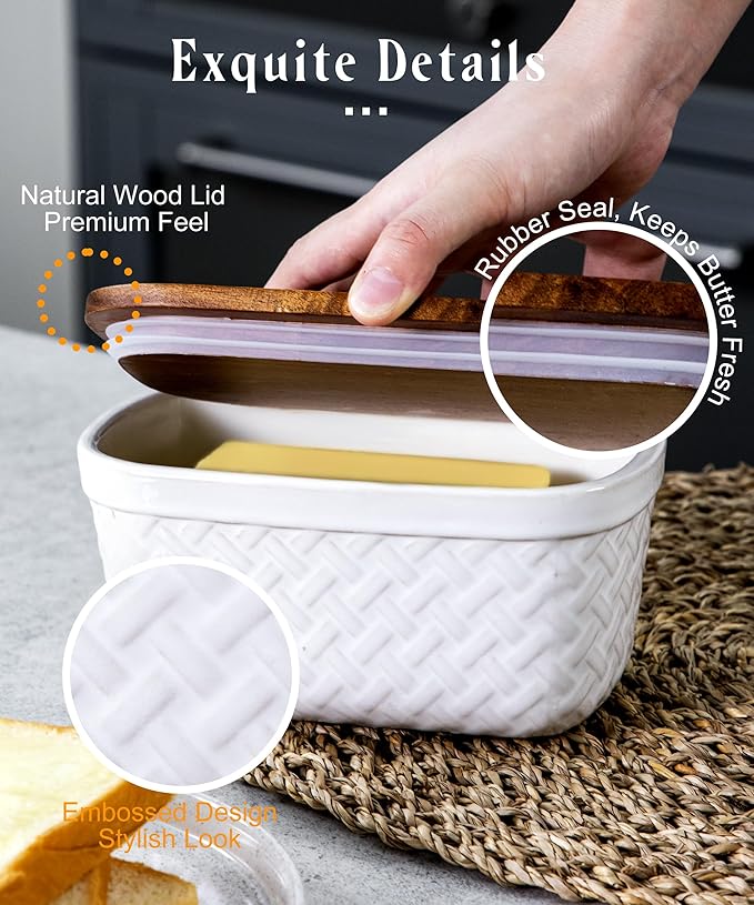 Nucookery Ceramic Butter Dish, Embossed Butter Keeper with Wood Lid for Countertop, Butter Holder and Container with Double Silicone Seal, Woven Pattern