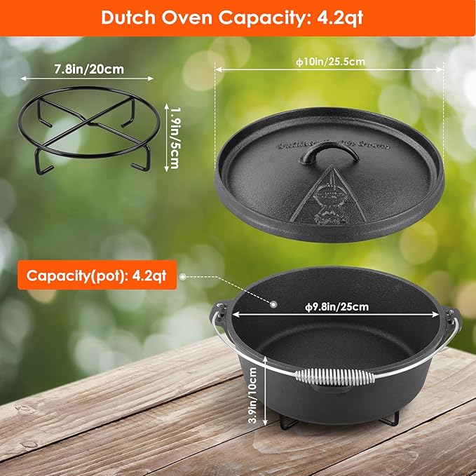 LIFERUN Dutch Oven Pot with Lid, 4.2 Quart Cast Iron Dutch Oven, without Feet, with Stand & Spiral-shaped Handle, Cast Iron Pot for Outdoor & Indoor, Black
