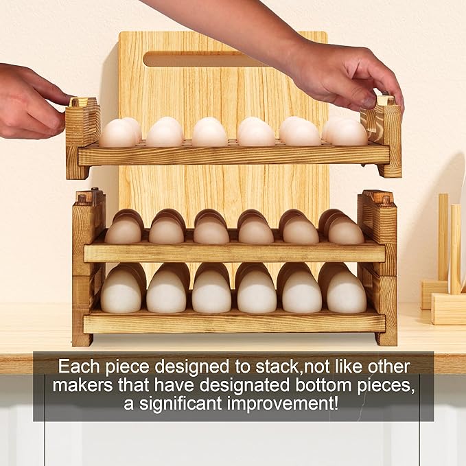 CVHOMEDECO. Wooden Egg Holder Countertop Fresh Egg Holders Firewood Egg Collecting Rack for Gathering Fresh eggs, Stackable with 54 eggs, Home Kitchen Organizer, Set of 3 PCS