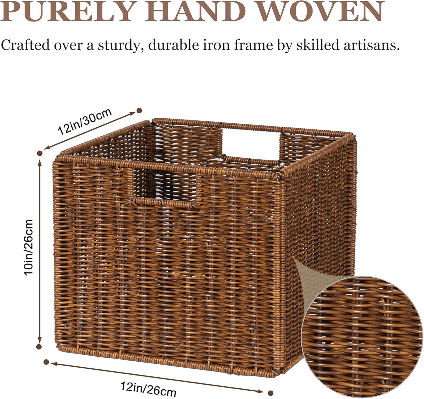 Wicker Storage Basket - Large 12x12x10in Cube, Woven Wicker for Shelves, Pantry, Kitchen & Bathroom Organization (Brown)