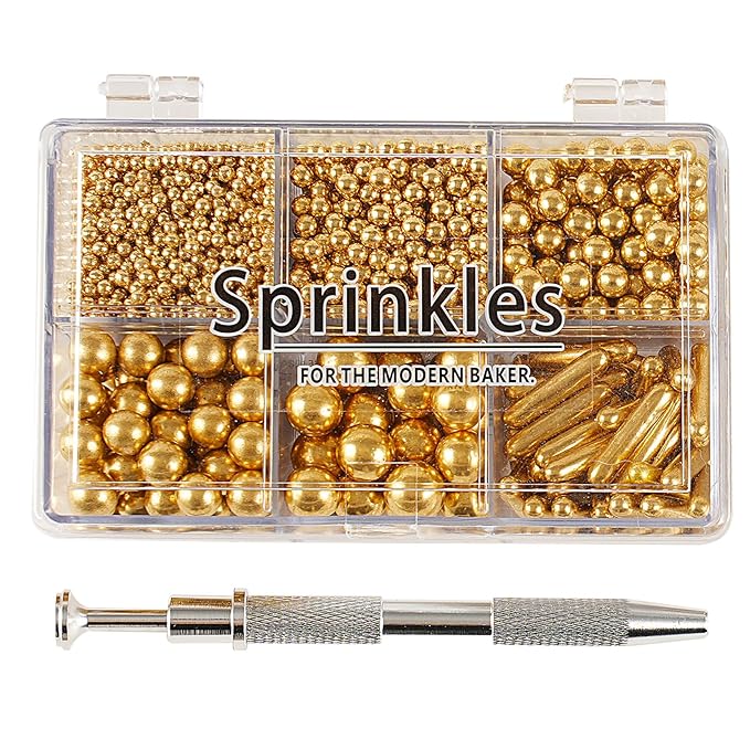 Kasvan Gold Mix Sugar Sprinkles - Edible Candy Pearls with 4-Claw Sprinkle Pen,118g/4.16 Oz, Gift Box Pack, Baking Cake Decorations, Ice Cream Toppings and Cookie Decorating, Wedding Party Chirstmas Supplies