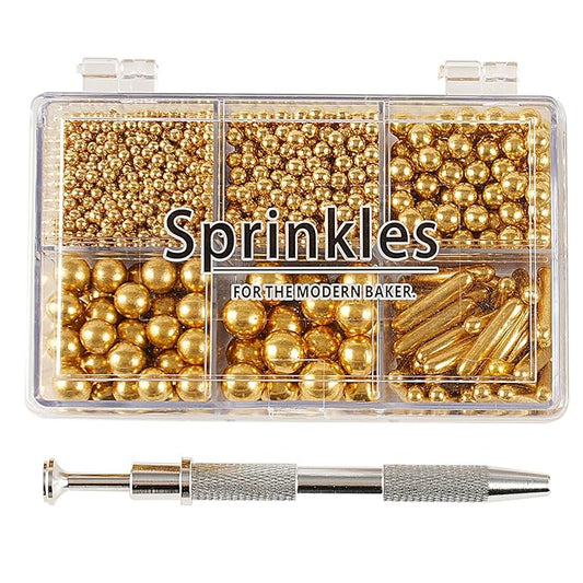 Kasvan Gold Mix Sugar Sprinkles - Edible Candy Pearls with 4-Claw Sprinkle Pen,118g/4.16 Oz, Gift Box Pack, Baking Cake Decorations, Ice Cream Toppings and Cookie Decorating, Wedding Party Chirstmas Supplies