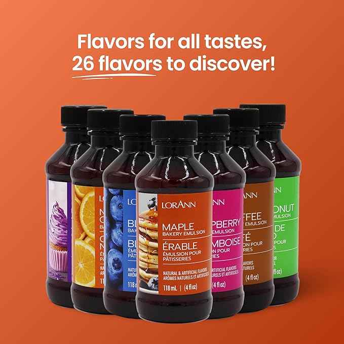 LorAnn Oils Maple Bakery Emulsion: True Essence, Ideal for Boosting Fruit Tones in Cakes, Cookies & Desserts, Gluten-Free, Keto-Friendly, Extract Substitute Essential for Your Kitchen, 4 Oz