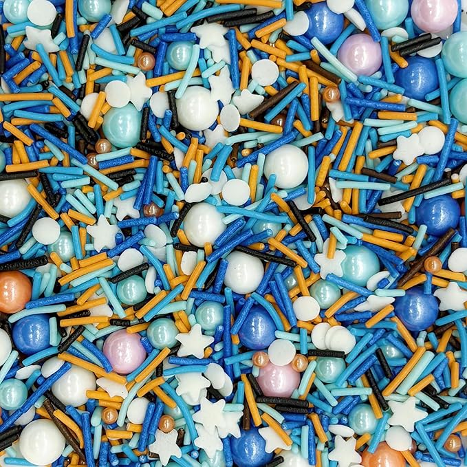 Blue & Orange & White Sprinkles Candy Mix Size Edible Pearls Cake Decorations Cupcake Toppers Cookie Decorating Perfect for Wedding Party Valentine Halloween Christmas Supplies 4.58OZ