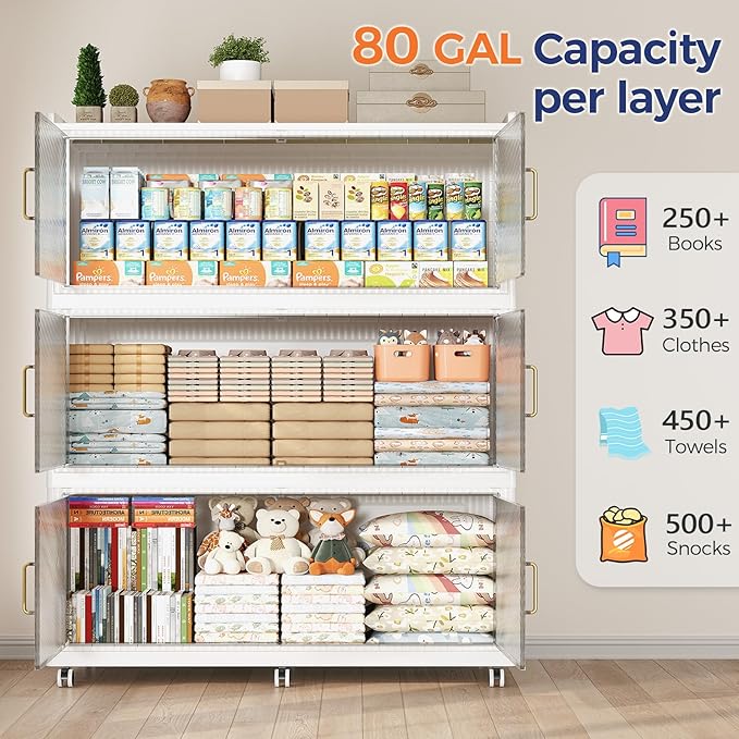 320 Gallon Extra Large Collapsible Storage Bin with Lid, 1280QT Stackable Plastic Organizer with 6x Wheels, Foldable Drawer Cabinet for Closet, Living Room Office Dorm 4Pack, White