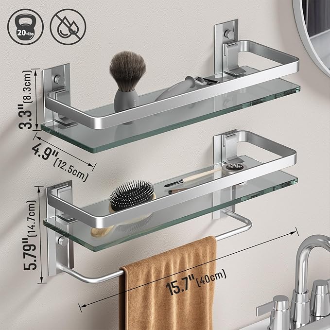 Danpoo Bathroom Shelves Wall Mounted, Clear Tempered Glass Shelf with Towel Bar, Hand Towel Holder(Matte Silver)