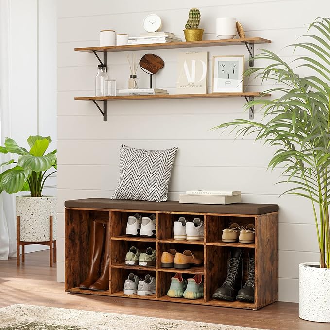 DINZI LVJ Long Wall Shelves, 47.3Inch Wall Mounted Shelves Set of 2, Extra Large Wall Storage Ledges with Sturdy Metal Brackets for Living Room, Bathroom, Bedroom, Kitchen, Rustic Brown