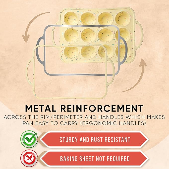 Silicone Mini Muffin Pan 12 Count – Non-Stick Muffin Pans for Baking, BPA-Free Silicone Cupcake Pans for Baking, Easy Release, Metal Handles, Oven & Dishwasher Safe