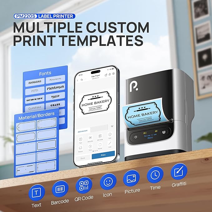 POLONO PM220S Label Maker Machine with Tape, 2 Inch Bluetooth Thermal Label Printer, Portable Sticker Printer for School, Office, Home, Business, Label Maker with 2'' x1.18'' Labels, White