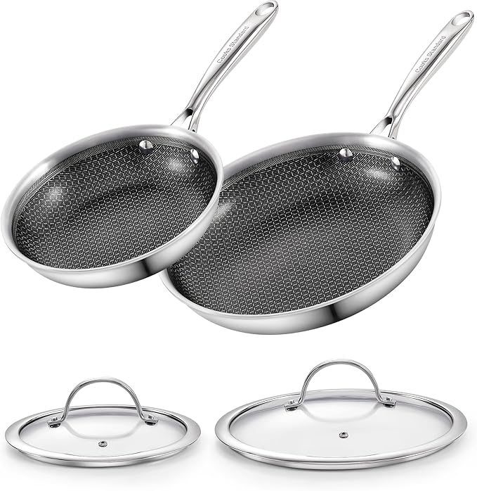 Cooks Standard Hybrid Nonstick Frying Pan Set, 8 and 10-Inch Multi-Ply Clad Stainless Steel 2 Piece Skillet with Tempered Glass Lids, Oven Safe, Compatible with All Stovetops