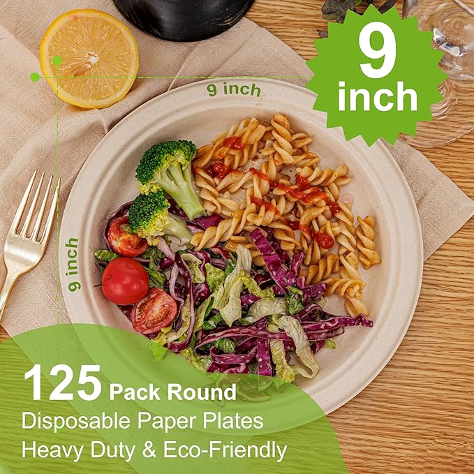 WELLIFE 100% Compostable Paper Plates 9 Inch, 125-Pack Heavy Duty Paper Plates Bulk,Biodegradable Bagasse,Eco-Friendly Disposable Dinner Plate for BBQ,Picnic,Party (BPI Certified,Microwaveable)