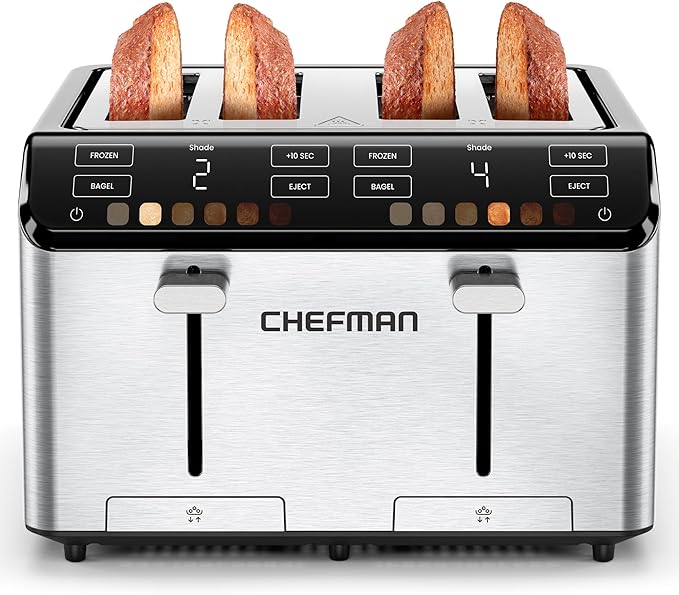 Chefman Smart Touch 4 Slice Digital Toaster, 6 Shade Settings, Touchscreen Bagel Toaster 4 Slice with Extra-Wide Slots, +10 Seconds, Defrost, Removable Crumb Tray – Stainless Steel