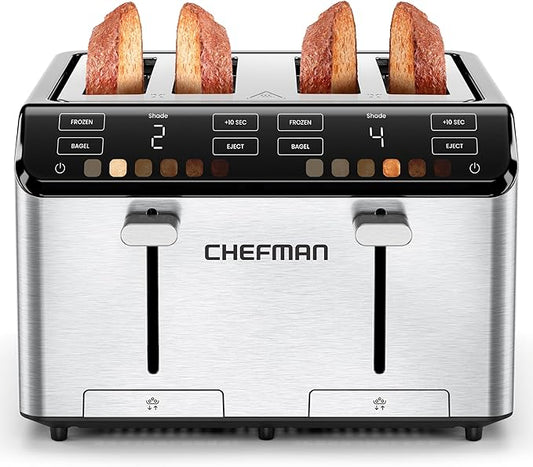 Chefman Smart Touch 4 Slice Digital Toaster, 6 Shade Settings, Touchscreen Bagel Toaster 4 Slice with Extra-Wide Slots, +10 Seconds, Defrost, Removable Crumb Tray – Stainless Steel
