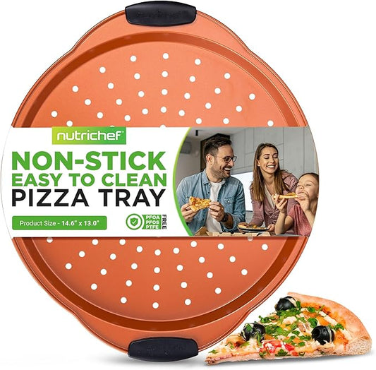 NutriChef 13-Inch Nonstick Pizza Tray - Round Carbon Steel Non-Stick Pizza Baking Pan with Perforated Holes, Premium Bakeware Pizza Screen with Silicone Grip Handles, Dishwasher Safe - Copper