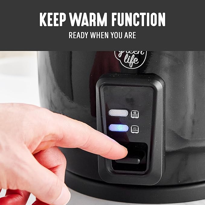 GreenLife Electric Rice Cooker, 3-Cups Uncooked/6-Cups Cooked, Removable PFAS-Free Nonstick Pot, One-Switch Design, Auto Keep Warm, Small Space Saving, Rice Paddle, Soup, Grains, Oatmeal, 1.5 QT, Black