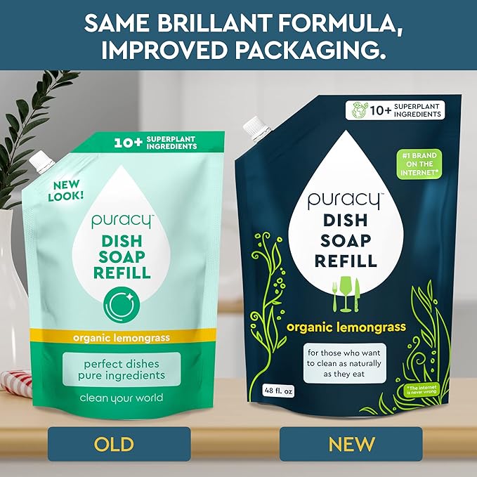 Puracy Natural Dish Soap Refill - Skin-Softening Plant-Based Liquid Dishwashing Detergent Soap, Clean-Rinsing Water-Sheeting Formula (Organic Lemongrass, 48 fl oz)