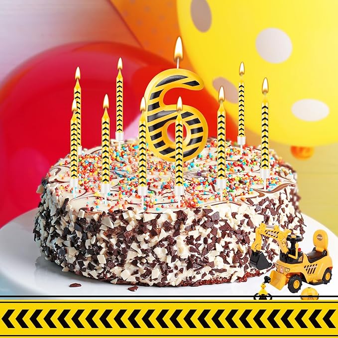 13 Pcs Construction Themed Birthday Candles Set Yellow and Black Number 6 Candle Cake Topper for Construction Party Decoration Supplies (Number 6)