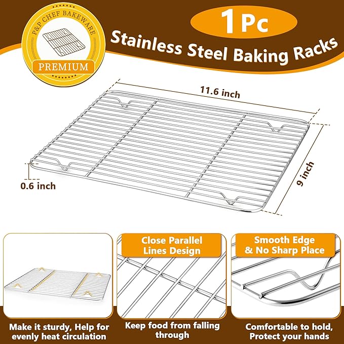 P&P CHEF 12.5 Inch Baking Sheet Pan with Rack Set, Stainless Steel Cookie Sheet Pan Tray with Cooling Rack for Oven Use, Cooking Roasting, Non Toxic & Dishwasher Safe, Heavy Duty